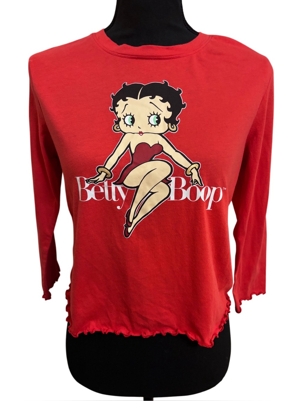 Love Tribe Red Betty Boop Graphic Long Sleeve T-Shirt w/ Lettuce Trim - Medium
